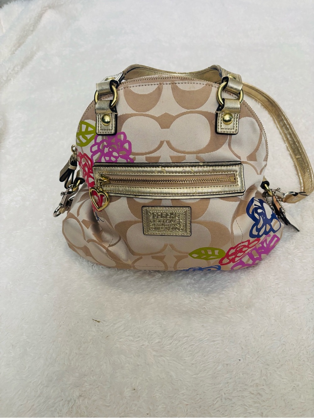 Coach Beige Signature Canvas Mini Satchel with Colorful Floral Accents